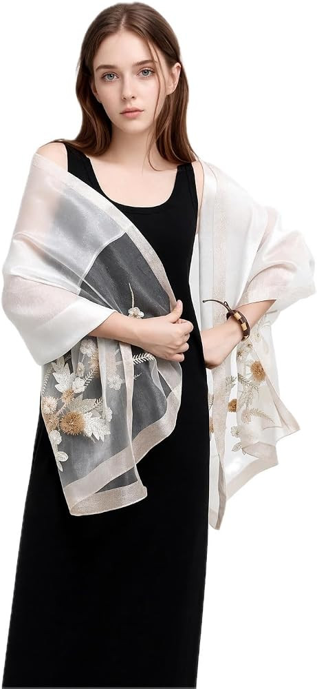 Jeelow Women's Silk Wool Scarf Shawl - Lightweight Floral Embroidered Wrap for Wedding, Party, Pr... | Amazon (US)