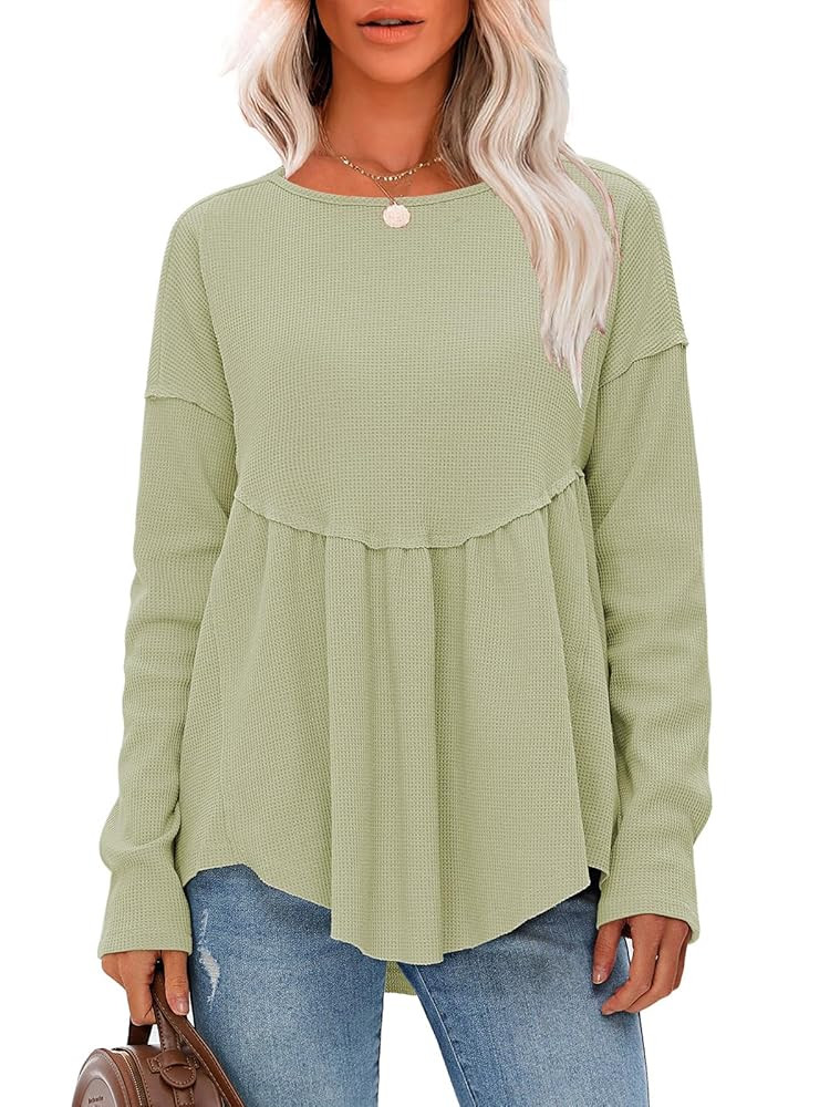 EXLURA Waffle Knit Long Sleeve Shirts for Womens Crewneck Loose Babydoll Tunic Tops Maternity Top... | Amazon (US)