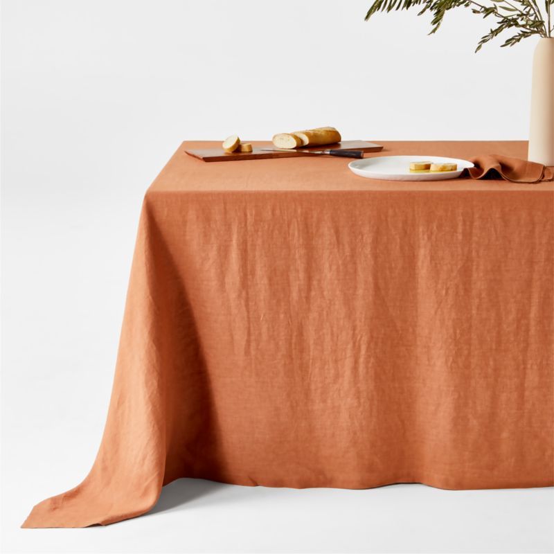 Marin Almond Brown Oversized European Flax -Certified Linen Tablecloth + Reviews | Crate & Barrel | Crate & Barrel