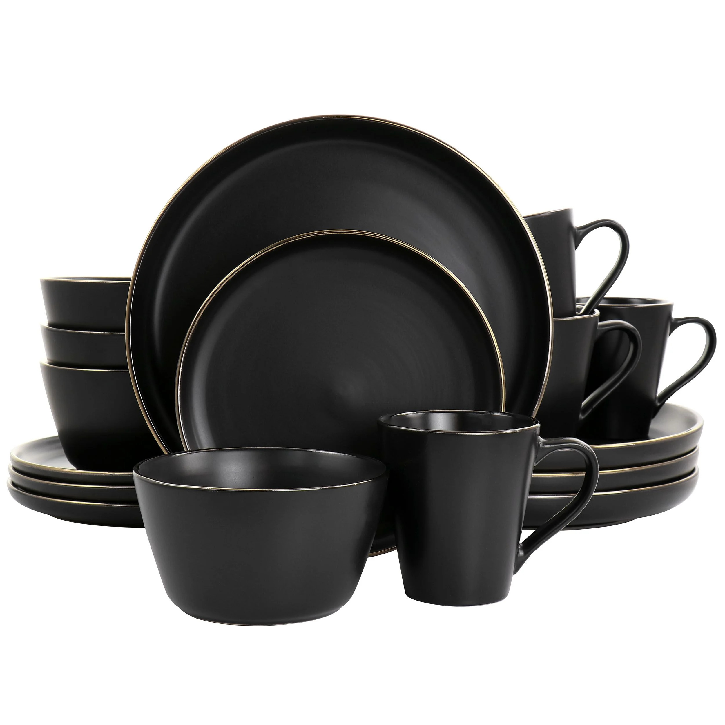 Elama Paul 16 Piece Stoneware Dinnerware Set in Matt Black with Gold Rim | Walmart (US)