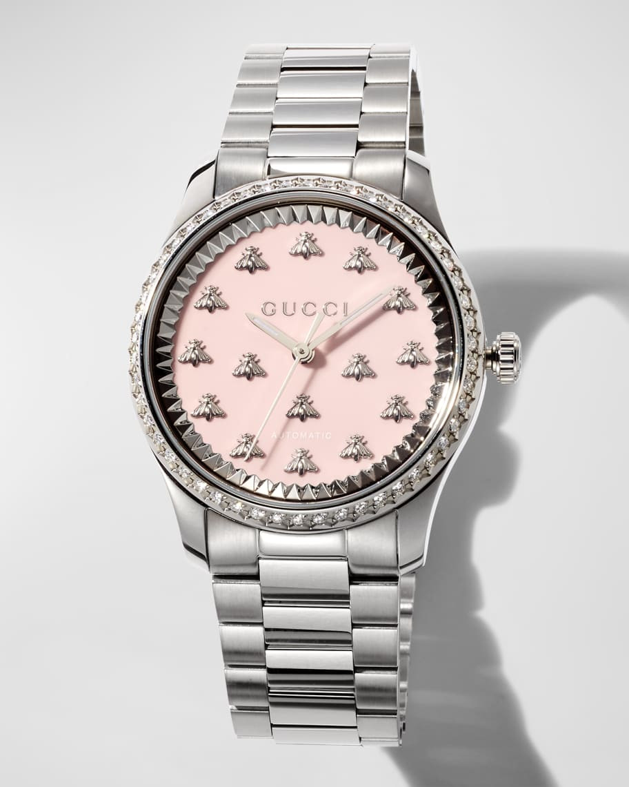 Gucci 26mm G-Timeless Diamond-Bezel Bee Bracelet Watch, Pink | Neiman Marcus