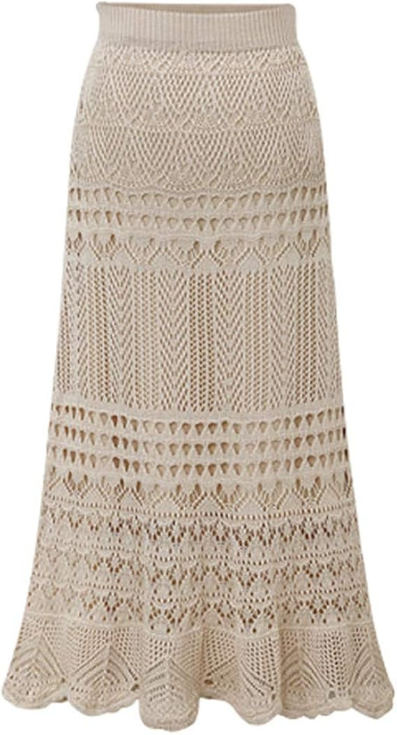 chouyatou Women's Stretched High Waist Crochet Hollow Out Knit Flowy Patterned Lace Maxi Skirt | Amazon (US)