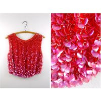 60S Paillette Sequin Beaded Crop Top // Bright Pink Embellished Open Back Cropped Made in British Cr | Etsy (US)