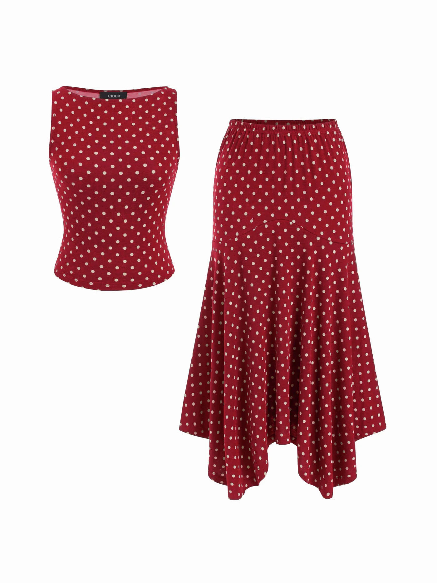 Boat Neck Polka Dot Top & Ruffle Hem Mid Rise Skirt Set | Cider