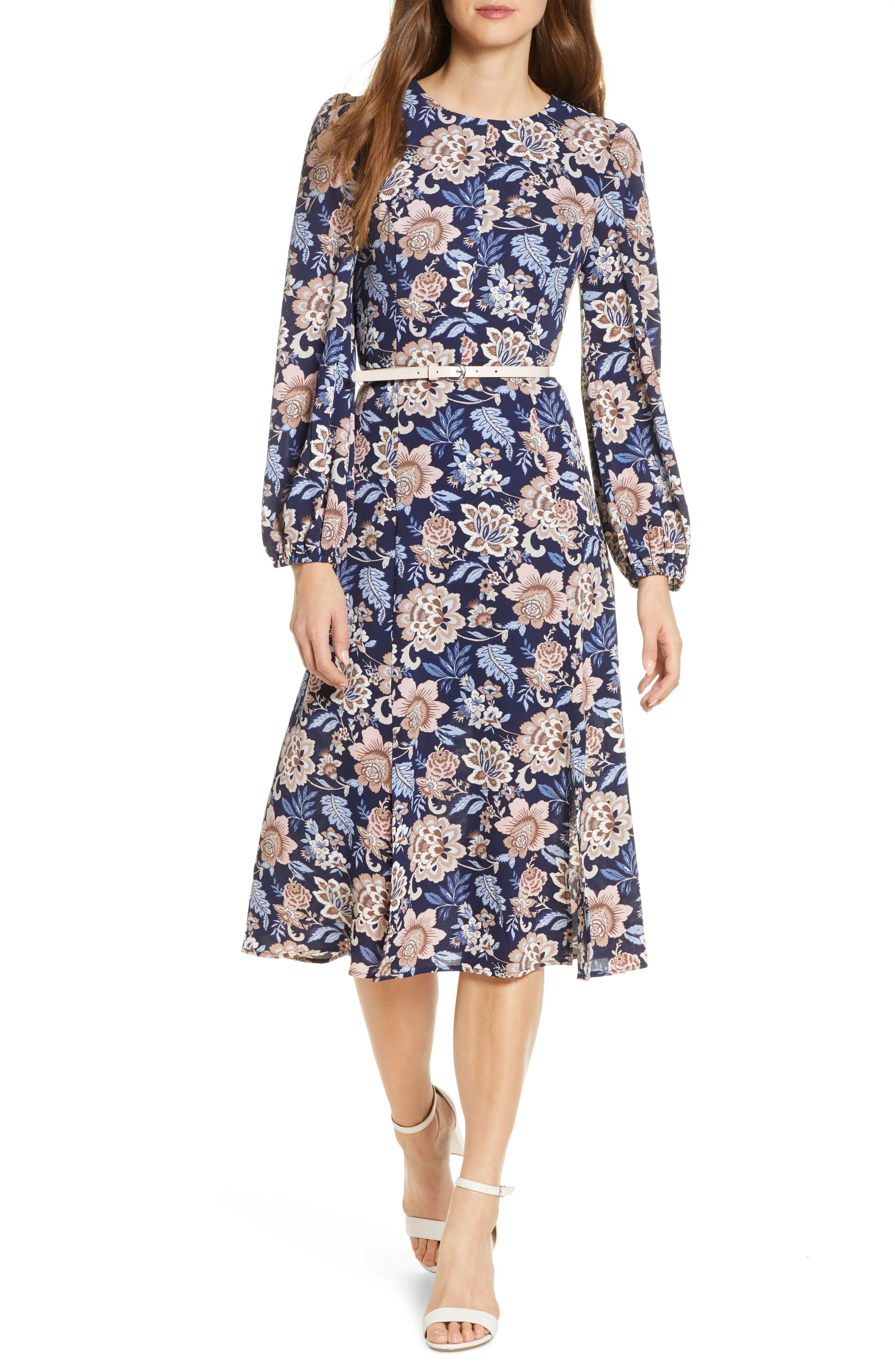 Women's Eliza J Floral Long Sleeve Pebble Crepe Dress, Size 8 - Blue | Nordstrom