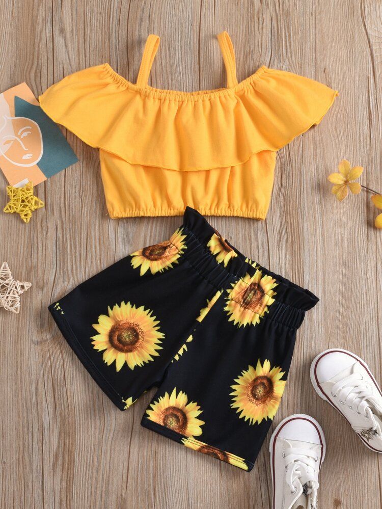 Toddler Girls Solid Flounce Trim Crop Top & Sunflower Print Shorts | SHEIN