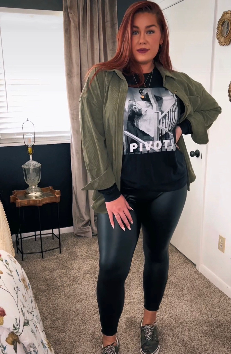 This green corduroy button down is definitely a fall must have. Pair with any graphic tee and these awesome leather leggings that have a cool zipper detail at the ankle. My vans were the perfect shoe to complete this look 🖤 

Wearing a 2X in button down to get an oversized look(but could have done an XL), XL in leggings, and LG in the shirt. 

#LTKstyletip #LTKSeasonal #LTKcurves
