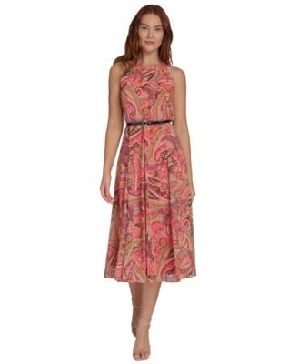 Petite Paisley-Print Belted Midi Dress | Macy's