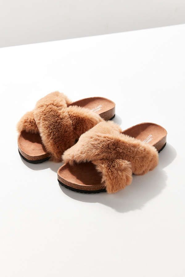 Crossed Faux Fur Slide | Urban Outfitters US