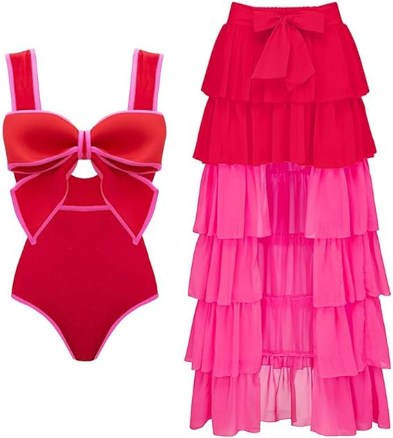 FLAXMAKER Bow Front Cut Out Color Block One Piece Swimsuit and Skirt | Amazon (US)
