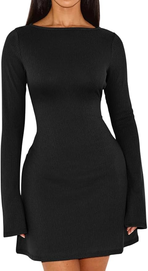 HYZ Women's Fall Sexy Sweater Long Sleeve Round Neck Basic Slim Fit Knit Flowy Hem Mini Dress | Amazon (US)