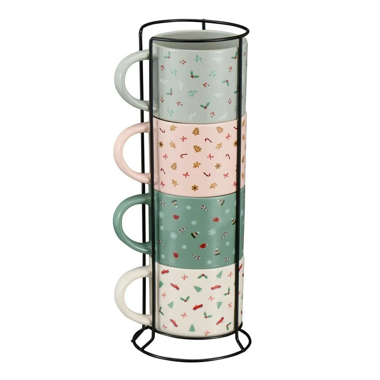 Holiday Time 11-oz Holiday Ditsy Print Glazed Stoneware Ceramic Stacking Mug Set with Metal Rack | Walmart (US)
