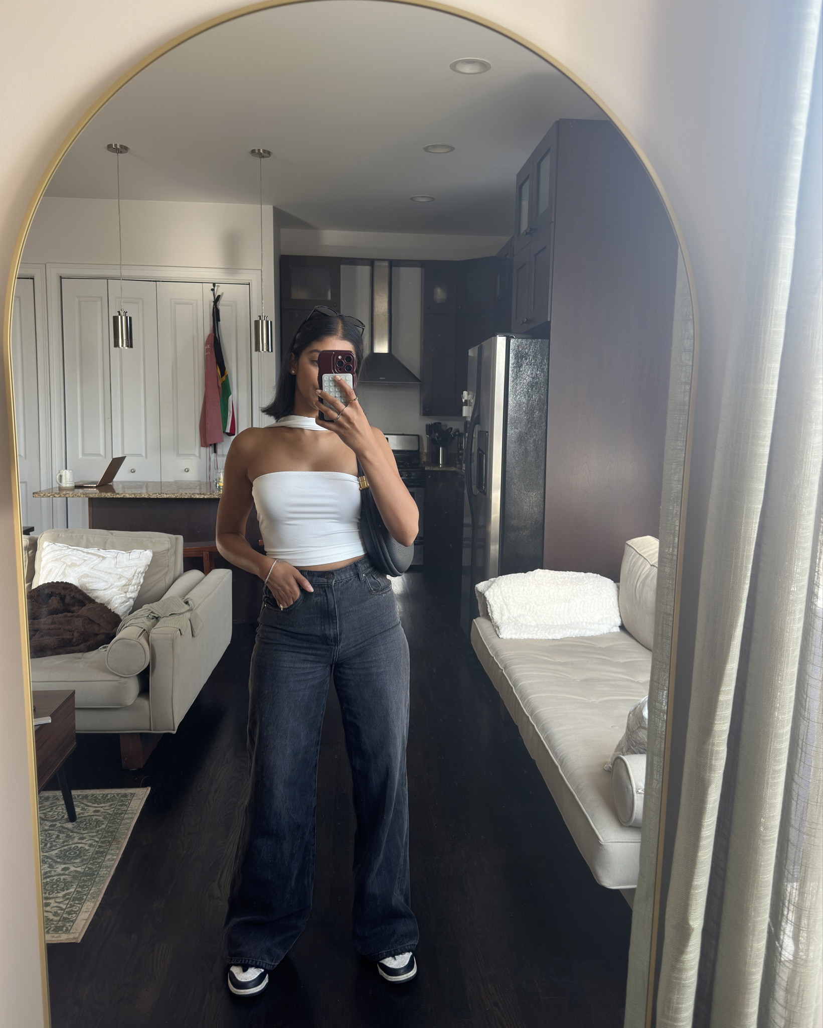 Top & sunglasses are on my tiktok shop showcase ! #blackjeans #whitetop #sizemedium
