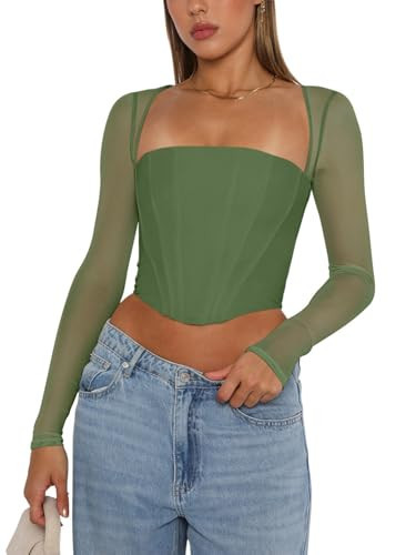 REORIA Women Fall Mesh Long Sleeve Boned Ruched Square Neck Corset Night Out Slim Fitted Sexy Bustier Tops (Deep Green XX-Large) | Amazon (US)