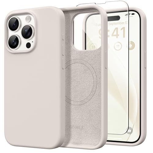 GONEZ Magnetic for iPhone 15 Pro Max Case, [Compatible with MagSafe] Anti-Scratch Microfiber Lining & Screen Protector, Shockproof Slim Phone Silicone Cover 6.7 inch, Stone | Amazon (US)