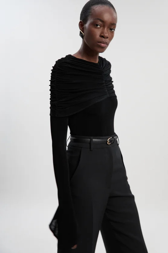 Drapey Crepe Detail Flare Sleeve Bodysuit | Karen Millen UK + IE + DE + NL