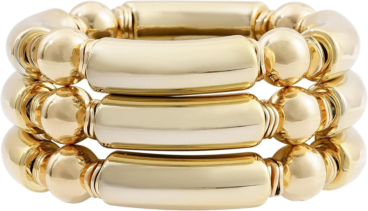 LALAPPLE Gold Plated Beaded Acrylic Bamboo Tube Bangle Bracelets for Women, Colorful Chunky Curve... | Amazon (US)