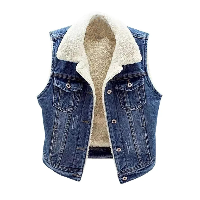 Frostluinai Fleece Lined Denim Vests for Women Sleeveless Sherpa Lined Jean Tanks Button Down Lap... | Walmart (US)