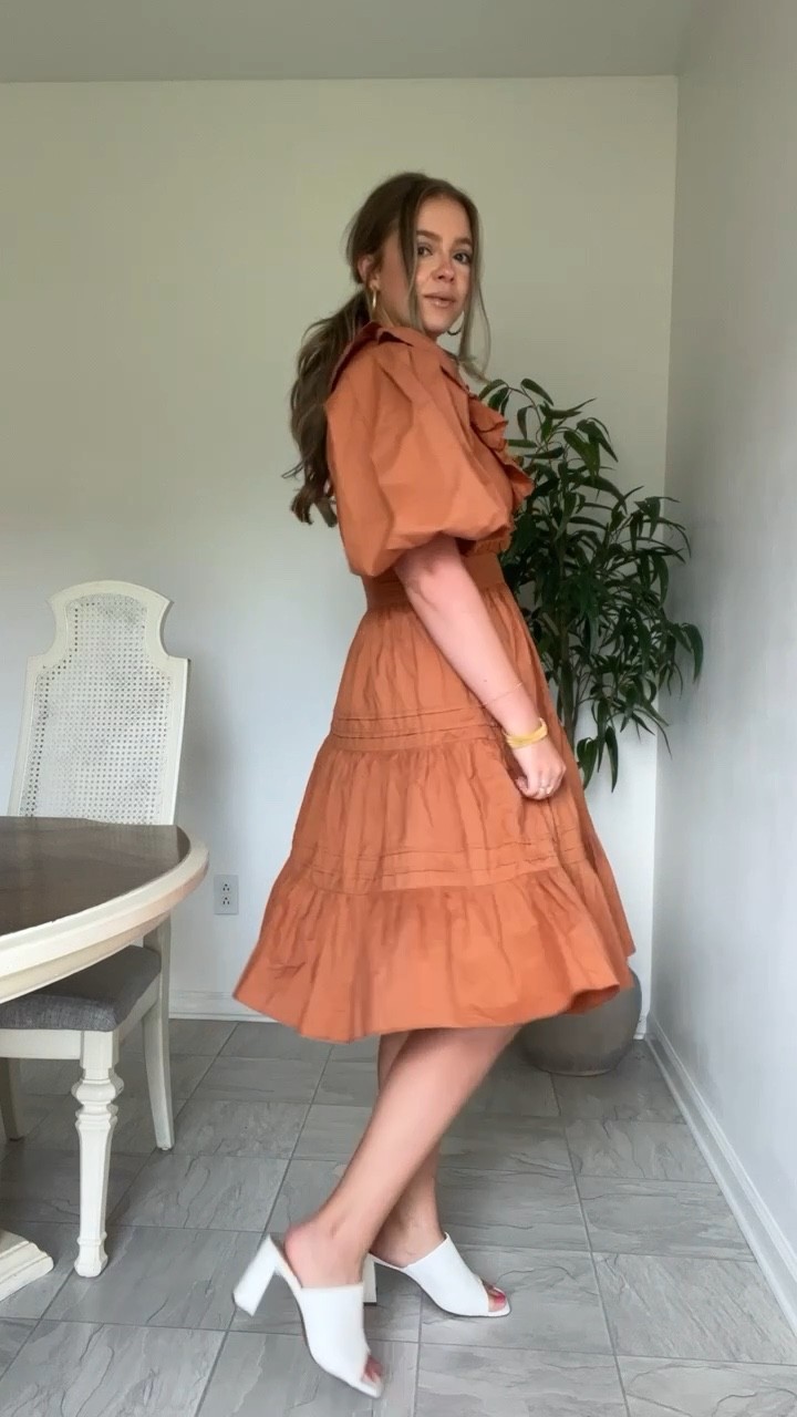 Fall dresses 
Ivy city
Statement dress
Ruffles
Puff sleeves
Rust 

#LTKstyletip #LTKSeasonal #LTKworkwear