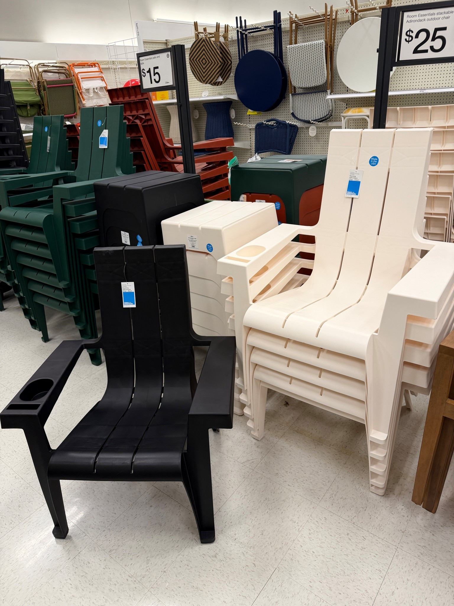 Loved these $25 stackable wife chairs! They have a spot for your phone and a cup holder.