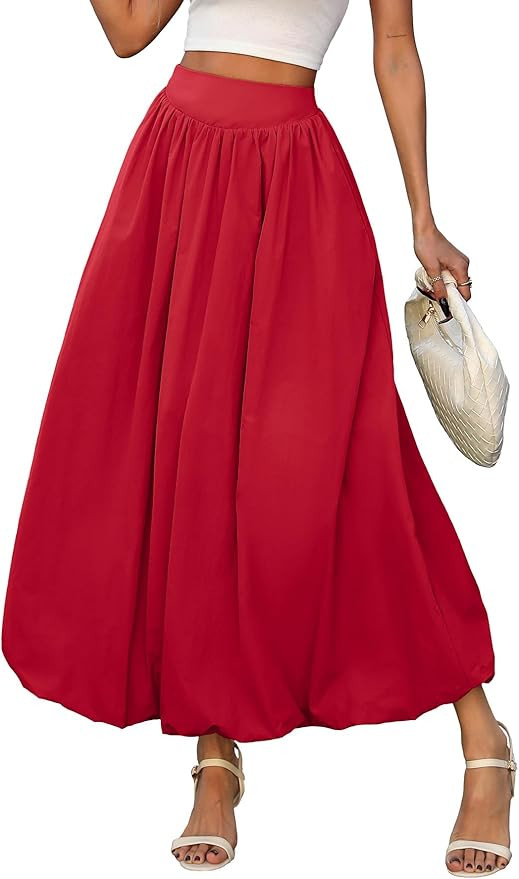 ELLEVEN Women's Bubble Maxi Skirt, Elastic Waist Puffy Hem A-Line Skirt with Pockets | Amazon (US)