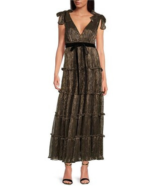A Loves A Metallic Chiffon Deep V-Neck Sleeveless Bow Tie Strap Tie at Waist Ruffle Tiered A-Line... | Dillard's