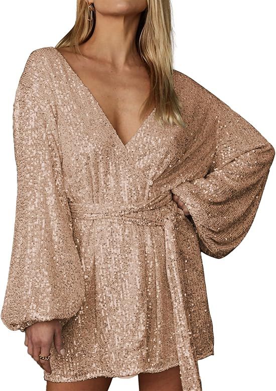 Dnzzs Sequin Dress for Women, Long Sleeve V Neck Sparkly Glitter Dress Tie Waist Mini Dress Cockt... | Amazon (US)