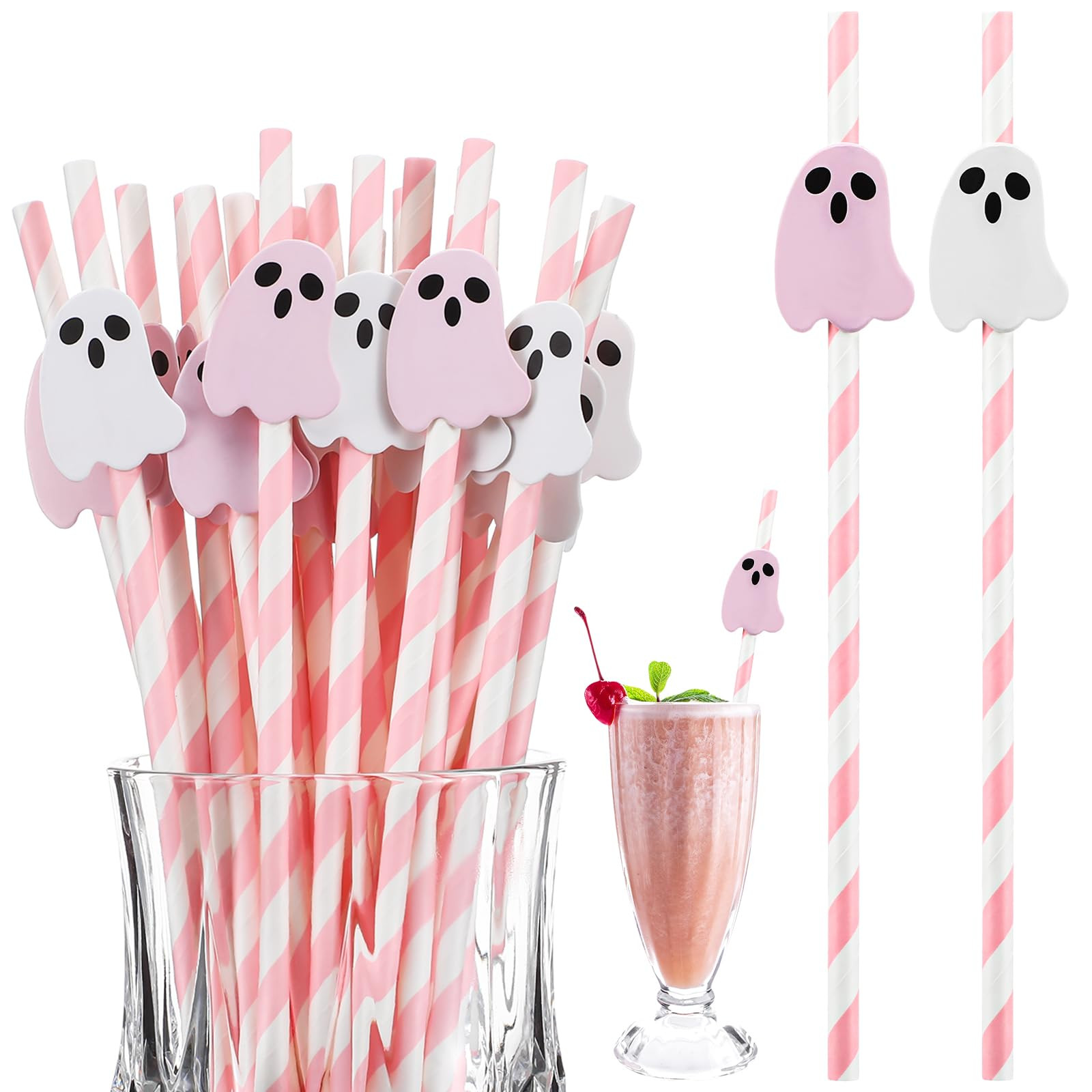 60 Pcs Halloween Ghost Paper Straws Bulk Summer Halloween Spooky Decoration Pink and White Stripe... | Amazon (US)