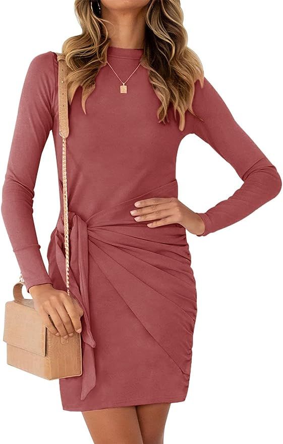 MEROKEETY Women's Long Sleeve Tie Waist Mini Dress Casual Crewneck Ruched Bodycon Short Dresses | Amazon (US)