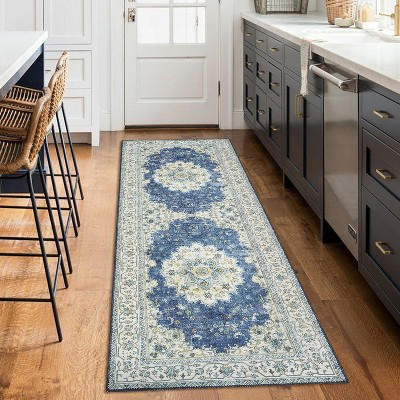2x6 ft Boho Vintage Runner, Washable Floral Print Low-Pile Non-Slip Rubber Backing Carpet for Living Room, Bedroom, Office, Dining, Blue | Target