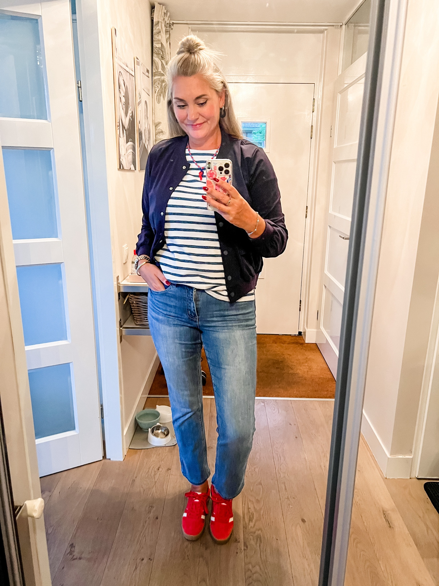 Ootd - Wednesday. Striped long sleeve top paired with sustainable LTS jeans, red suede sneakers and a navy blue bomber jacket (local boutique), seahorse necklace. 



#LTKeurope #LTKautumn #LTKmidsize