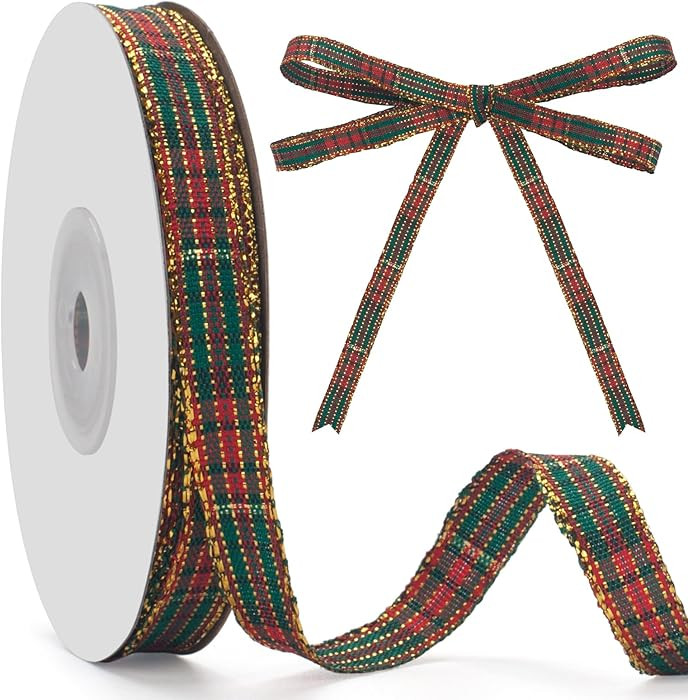 Red and Green Gingham Ribbon, Christmas Plaid Ribbon 3/8 INCH x 25 Yards, Polyester Fabric Grosgr... | Amazon (US)