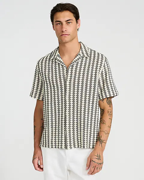 Textured Striped Cotton-blend Short Sleeve Shirt | Express