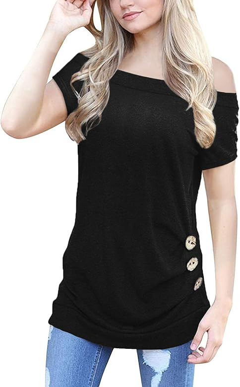 Women's Short Sleeve V Neck T Shirts Off Shoulder Tunic Tops Loose Fit | Amazon (US)