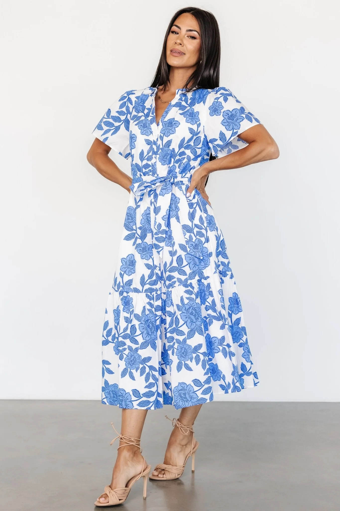 Lydie Button Midi Dress | White + Blue | Baltic Born