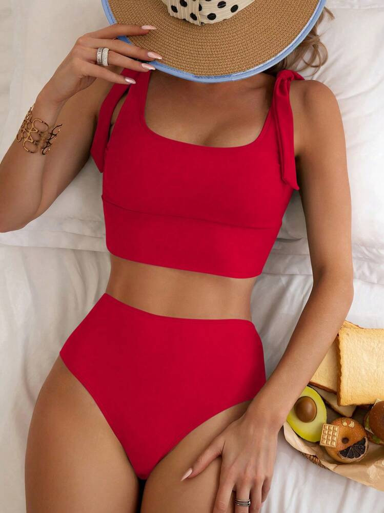 SHEIN Swim 2pcs Solid Color Tie Strap Simple Fashion Casual Everyday Crop Tank Top & Bottom Set Summer | SHEIN