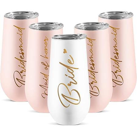 Amazon.com | 6 oz Rose Gold Stemless Champagne Flutes with Lid - Bridesmaid Champagne Flutes - Br... | Amazon (US)