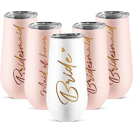 Amazon.com | 6 oz Rose Gold Stemless Champagne Flutes with Lid - Bridesmaid Champagne Flutes - Br... | Amazon (US)