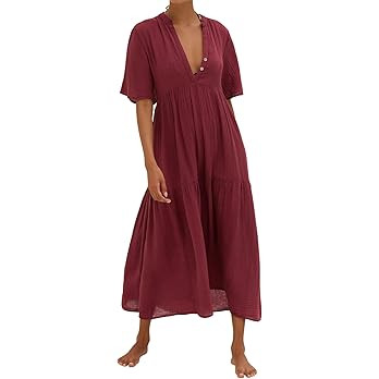 R.Vivimos Womens Summer Cotton Flowy Maxi Dress Short Sleeve V Neck Empire Waist Boho Tiered Ruff... | Amazon (US)