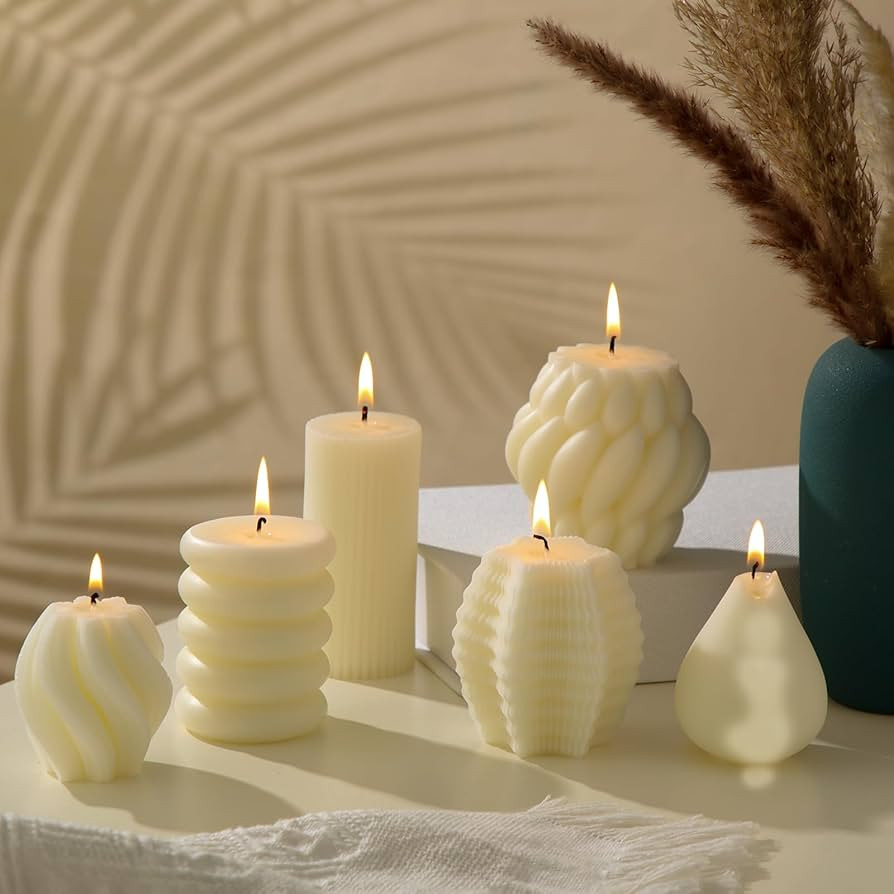 6 Pcs Ribbed Pillar Aesthetic Candles Set White Swirl Scented Soy Wax Twirl Candle Modern Geometr... | Amazon (US)