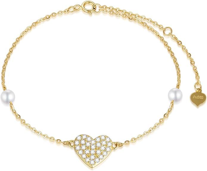 14k Gold Heart Bracelet for Women, Real Gold Pearl Love Jewelry Bracelets Gifts for Wife/Girlfrie... | Amazon (US)