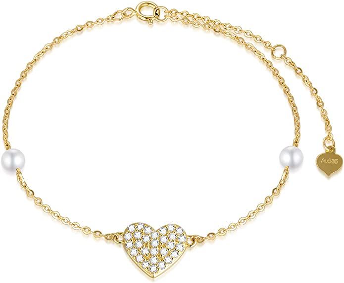 14k Gold Heart Bracelet for Women, Real Gold Pearl Love Jewelry Bracelets Gifts for Wife/Girlfrie... | Amazon (US)