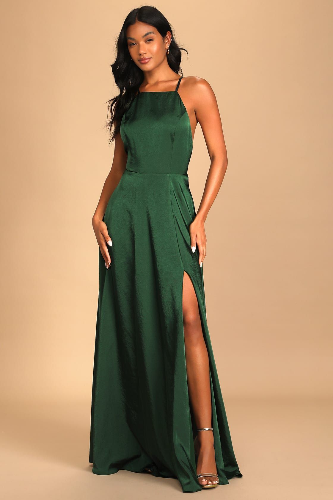 Total Beauty Emerald Green Satin Backless Maxi Dress | Lulus (US)