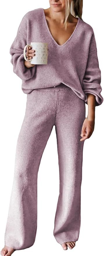 AOHITE Womens 2 Piece Outfits Casual V-neck Knit Pullover Sweater Wide Leg Pants Sleepwear Lounge... | Amazon (US)