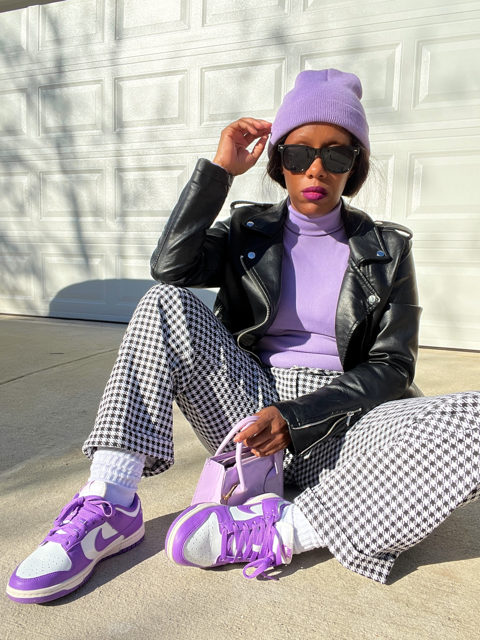 Holiday outfit idea!
Purple beanie, purple turtleneck shirt, black faux leather jacket, black and white striped pants, purple purse, and purple and white Nike dunk low sneakers

#LTKHoliday #LTKFindsUnder100 #LTKStyleTip