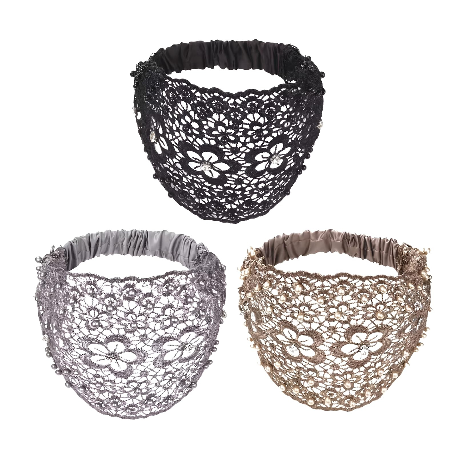 Elegant Elastic Lace Headbands for Women–3 Pack Wide Floral Lace Crochet Headband Studded With ... | Amazon (US)