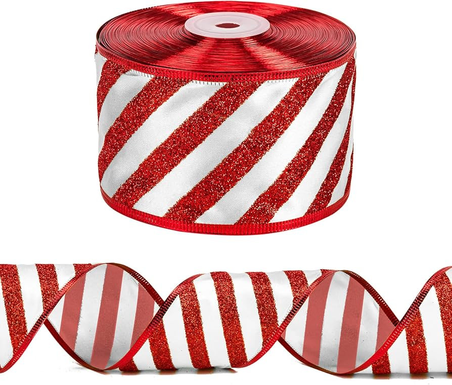 WRAPAHOLIC Christmas Wired Ribbon - 2.5 Inch x 25 Yard Each Roll - Red and White Stripe Ribbon - ... | Amazon (US)