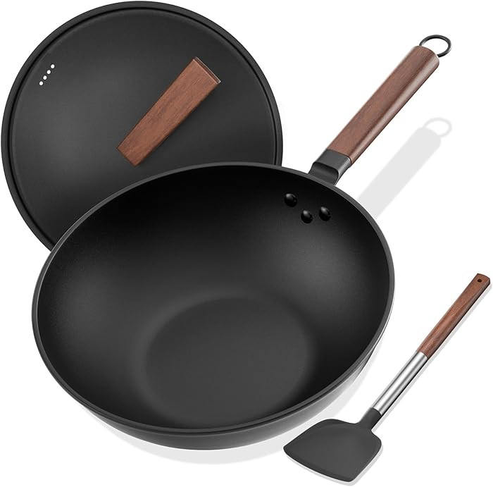 Carbon Steel Wok, 13-Inch, Pre-Seasoned, Non-Stick, with Lid and Spatula, Flat Bottom, Ideal for ... | Amazon (US)