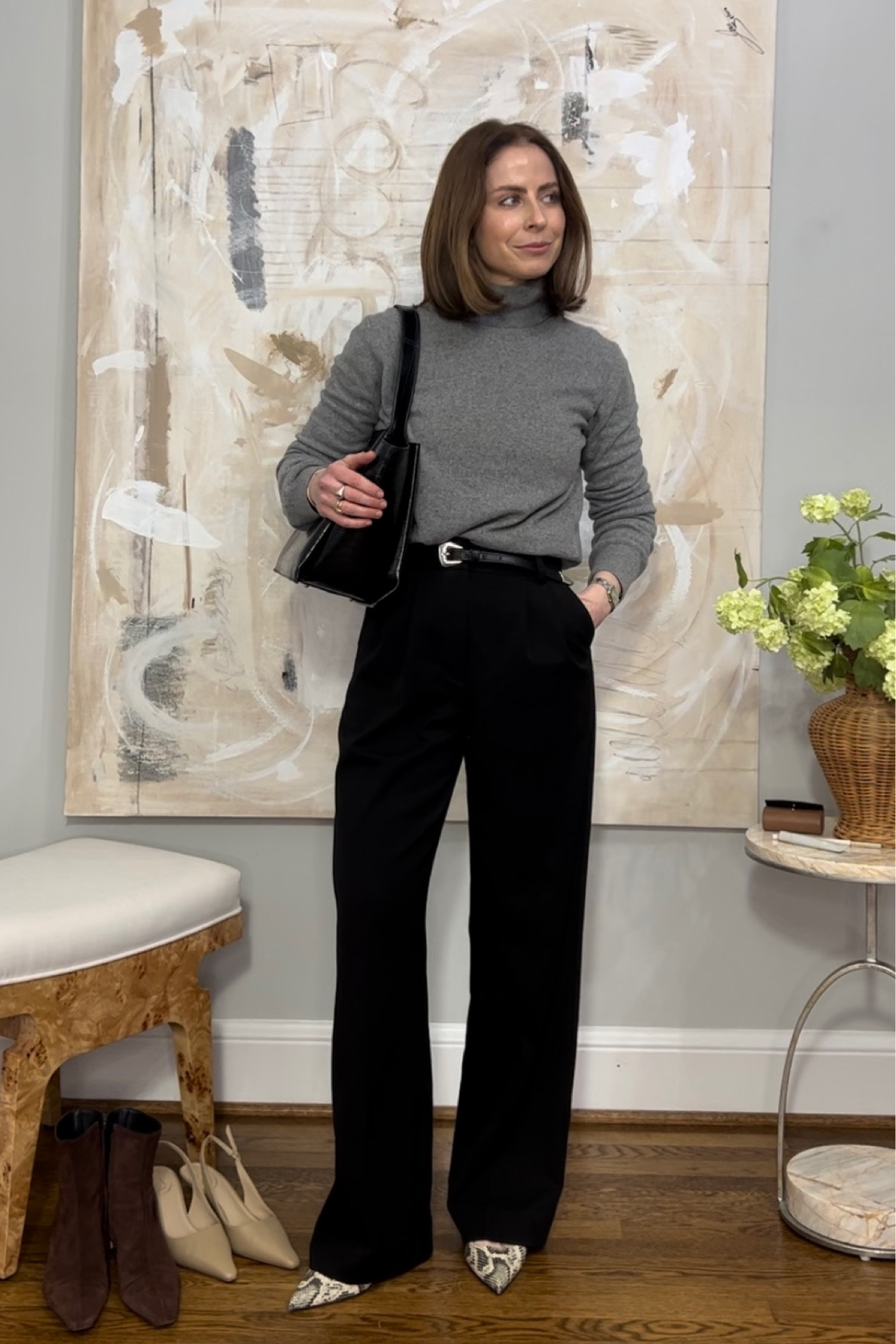 Favorite daughter blsck favorite pants shortie style
Grey rollneck cashmere top ALIGNE
Aeyde Python slingbacks 

#LTKstyletip #LTKworkwear #LTKshoecrush