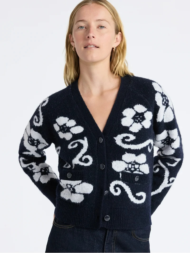 Free Assembly Women’s Floral Pattern V-Neck Cardigan Sweater, Midweight, Sizes XS-XXL | Walmart (US)